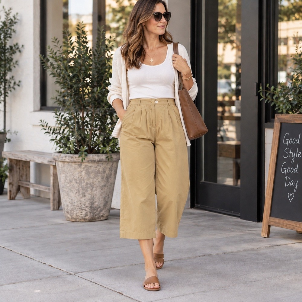 LOFT Pants Pleated Wide Leg High Rise Cotton Khaki Cropped Women's Size 2 Petite